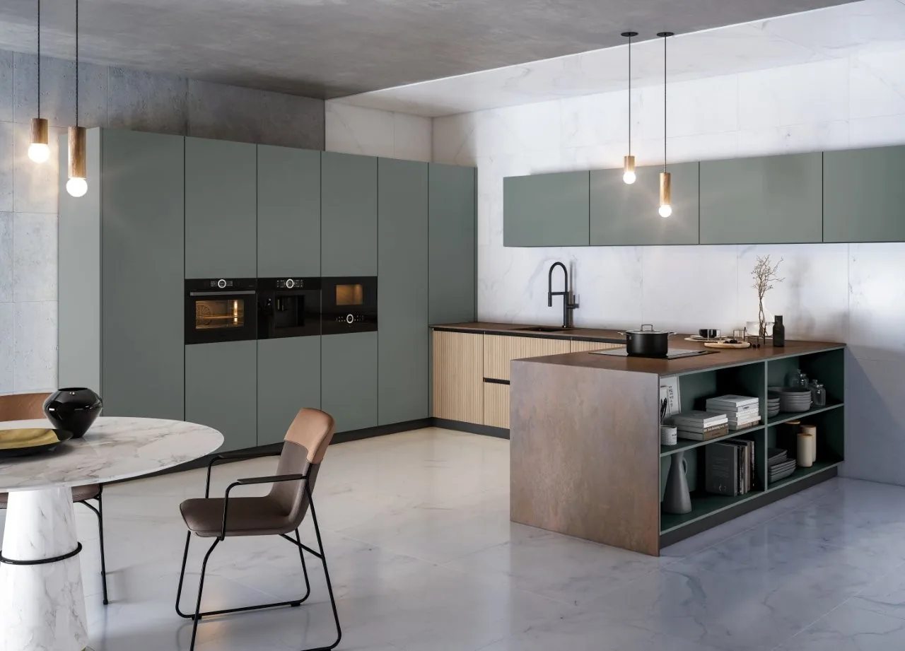 Cocina moderna a medida en verde mineral con isla, diseñada por Sancai en Santander