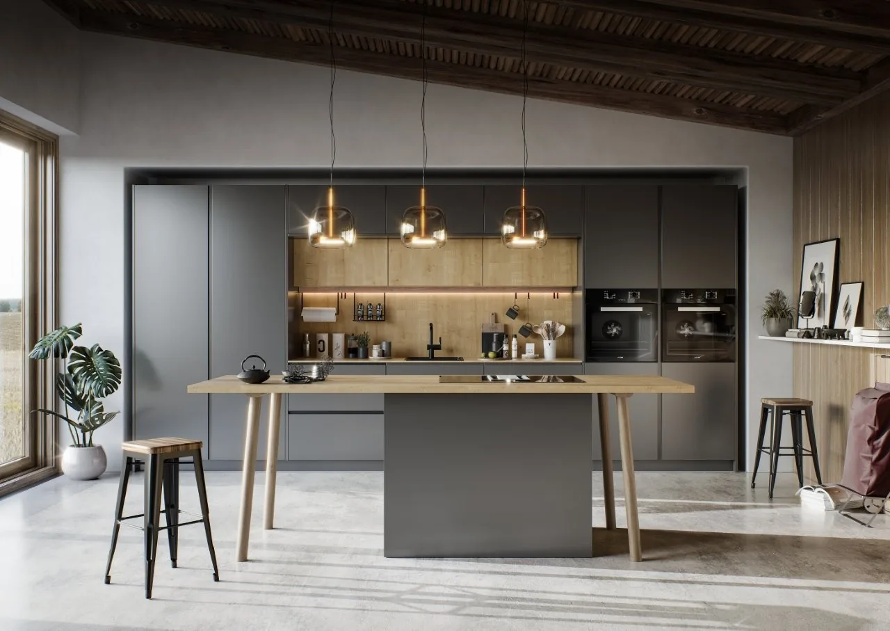 Cocina con isla en grafito y roble