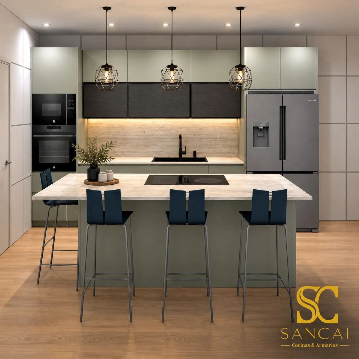 Render 3D de una cocina a medida de Sancai